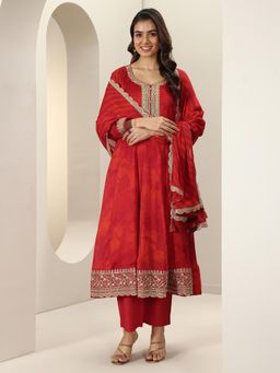 Libas - Red Floral Printed Zari Anarkali Kurta with Pant & Leheriya Dupatta