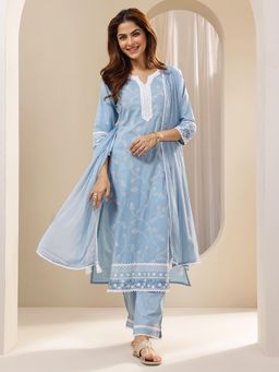 Libas - Blue Floral Embroidered Straight Kurta with Pant & Dupatta
