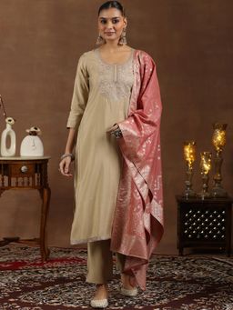 Gerua By Libas - Beige Silk Blend Yoke Design Straight Kurta & Pant with Dupatta (Set of 3)
