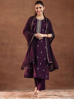 Gerua By Libas - Wine Floral Embroidered Kurta with Pant & Dupatta (Set of 3)