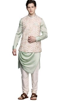 Manyavar - Green Art Silk Festive Printed Kurta Jacket Pencil Pant (Set of 3)