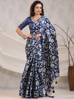 Sindh Fashion - Navy Blue Printed Satin Saree with Stitched Blouse