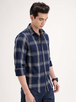 WROGN - Slim Fit Textured Checks Shirt - Navy Blue
