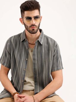 WROGN - Slim Fit Striped Half Sleeve Shirt - Olive
