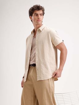 WROGN - Slim Fit Textured Half Sleeve Shirt - Cream
