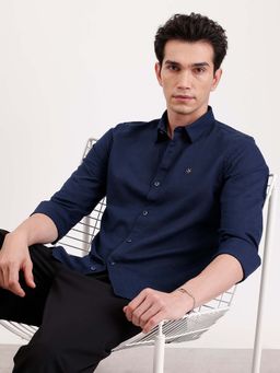 WROGN - Solid Slim Fit Linen Blend Shirt - Navy Blue