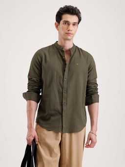 WROGN - Slim Fit Mandarin Collar Linen Blend Shirt - Olive