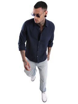 WROGN - Solid Navy Cotton Linen Shirt - Navy Blue