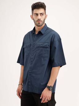 WROGN - Oversized Double Pocket Half Sleeve Shirt - Blue