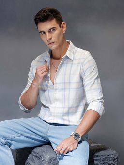WROGN - Men's Casual Check Design Slim fit Shirt - Light Blue