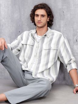 WROGN - Textured Striped Double Pocket Oversized Fit Shirt - Green