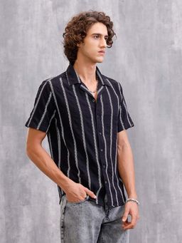 WROGN - Seersucker Dobby Stripe Short Sleeve Shirt - Black