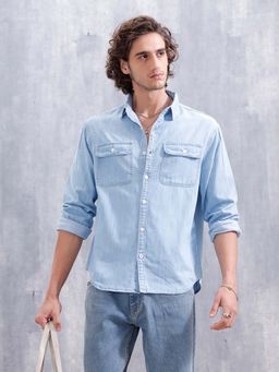 WROGN - Comfort Fit Double Pocket Solid Shirt - Blue