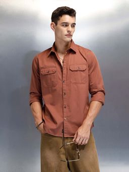 WROGN - Men's Casual Cargo Double Pocket Shirt - Brown