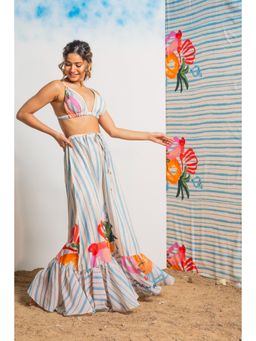 Erotissch - Women White Striped Printed Beachwear Skirt & Top (Set of 2)