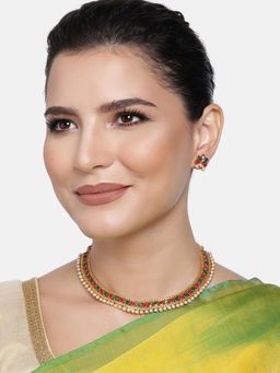 Peora - Red and Green Stones Studded Short Earrings Necklace Set