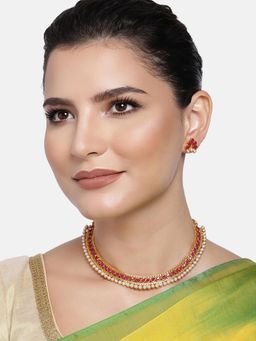 Peora - Red Stones Studded Short Earrings Necklace Set