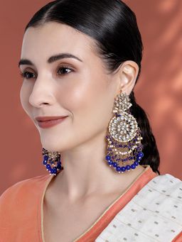 Peora - Kundan Pearl Studded Blue Chand Bali Long Dangle Earrings