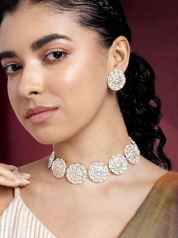 Peora - White Kundan Studded Choker Necklace Round Stud Earrings