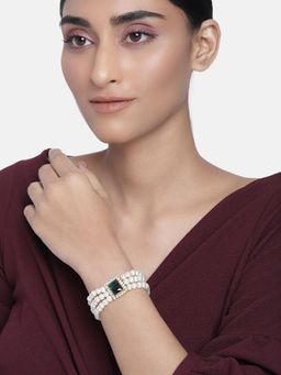 Peora - Gold Plated Pearl Studded Green Crystal Studded Stylish Bracelet