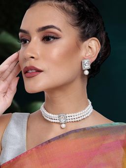 Peora - Silver Plated Crystal Studded and Beaded Choker Necklace with Earrings