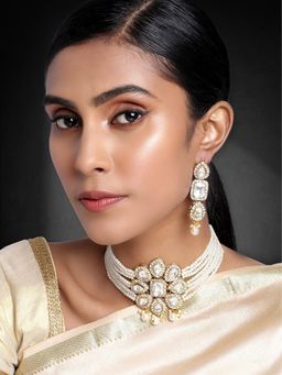Peora - Crystal White Pearl Studded Choker Necklace with Earrings