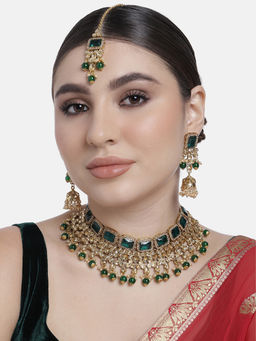Peora - Green and Champagne Color Crystal Studded Choker Necklace Earrings Maang Tikka