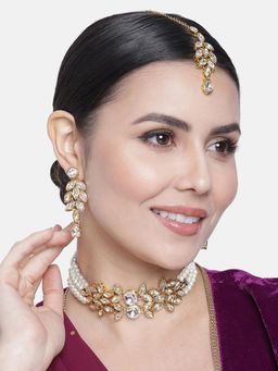 Peora - White Crystal and Pearls Studded Choker Necklace Earrings Maangtikka Set