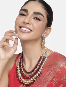 Peora - Maroon Faux Pearl and Kundan Studded Long Necklace with Earrings