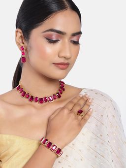 Peora - Rani Pink Crystals Studded Necklace with Drop Earrings Bracelet Finger Ring