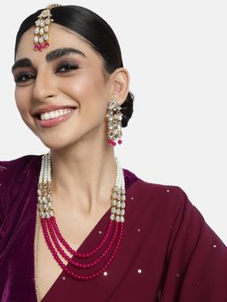 Peora - Rani Pink Faux Pearls and Kundan Studded Long Necklace with Earrings Maang Tikka Set