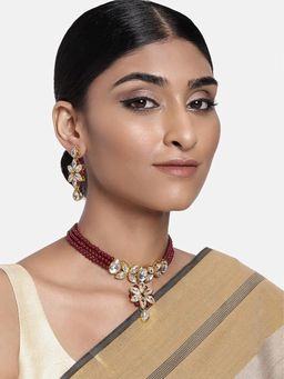 Peora - Crystal and Maroon Beads Studded Choker Necklace with Earrings
