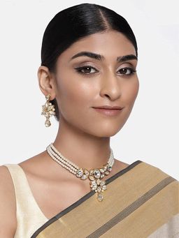 Peora - Crystal and White Beads Studded Choker Necklace with Earrings