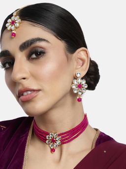 Peora - Rani Pink Pearls and Crystal Floral Style Choker Necklace Earrings with Maang Tikka