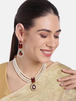 Peora - Faux Pearl and Maroon Crystal Studded Long Necklace with Earrings