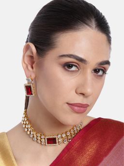 Peora - Gold Plated Maroon Crystal and White Stones Studded Choker Necklace Set