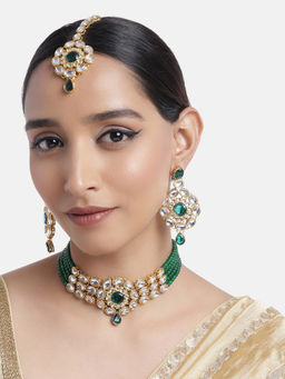 Peora - Green Faux Pearls, Stones and Kundan Studded Choker Necklace Earrings and Maang Tikka