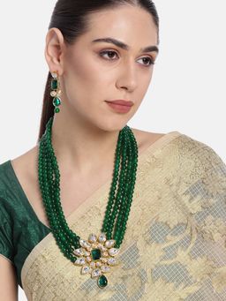 Peora - Green Crystal and Faux Pearl Studded Long Necklace with Earrings