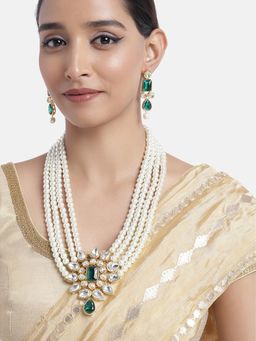 Peora - Green Crystal and White Faux Pearl Studded Long Necklace with Earrings