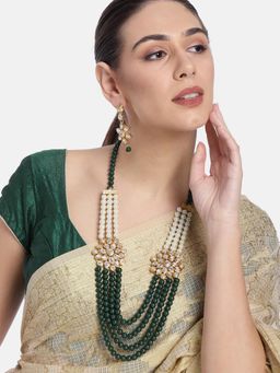 Peora - Green Faux Pearl and Kundan Studded Long Necklace Earrings
