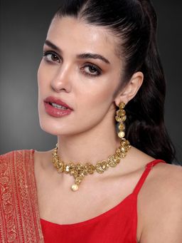 Peora - Champagne Color Crystal Studded Short Necklace Earrings Set