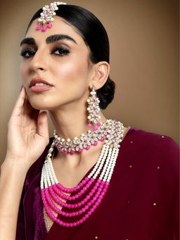 Peora - Kundan and Rani Pink Faux Pearls Studded Long Necklace Earrings Maang Tikka