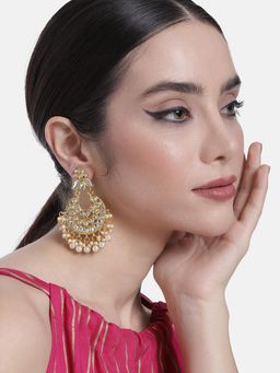 Peora - White Pearl and Kundan Studded Dangle Chand Bali Earrings Ethnic Fashion Jewellery