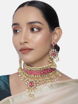 Peora - Rani Pink Meenakari Choker Necklace and Dangle Jhumki Earrings