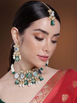 Peora - Green Stones and White Kundan and Crystal Choker Necklace Earrings and Maangtikka