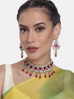 Peora - Rani Pink Kundan Choker Necklace and Dangle Earrings Ethnic Jewellery Set