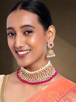 Peora - Rani Pink Faux Pearl and Kundan Studded Choker Necklace Earrings