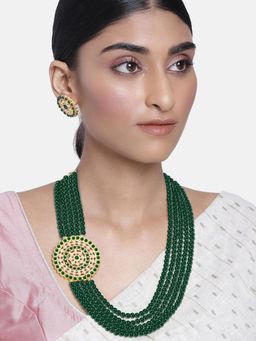 Peora - 5 Layer Green Faux Pearls and Kundan Studded Long Necklace Earrings