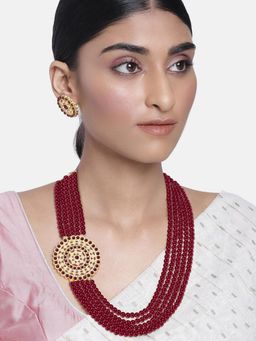 Peora - 5 Layer Maroon Faux Pearls and Kundan Studded Long Necklace Earrings