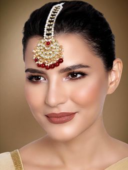 Peora - Gold Plated Kundan Maroon Faux Pearl Maang Tikka Ethnic Jewellery for Women
